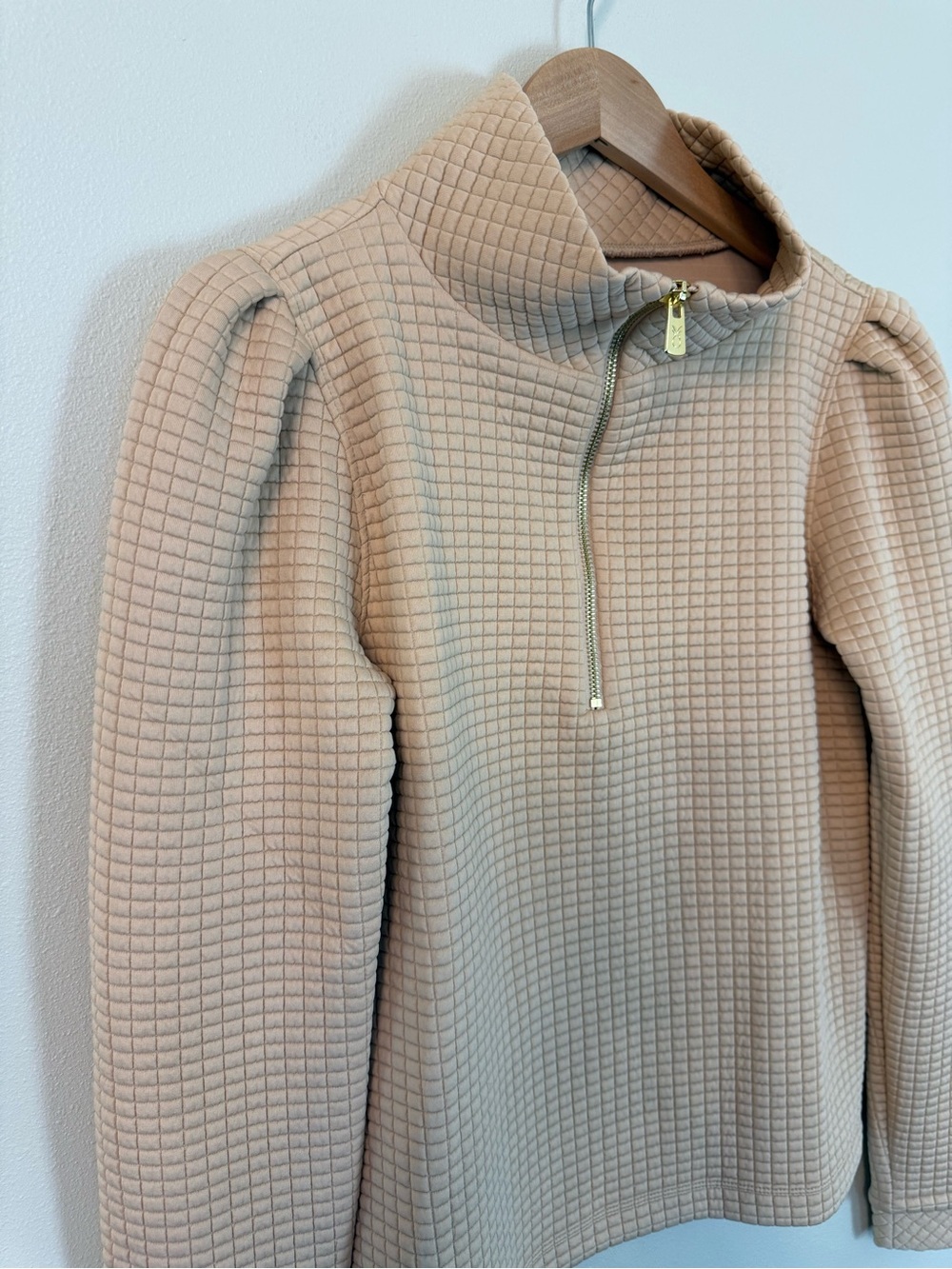 Dudley Stephens Sabrina Puff Sleeve Waffle Half Zip Pullover Hazelnut S - Picture 5 of 11